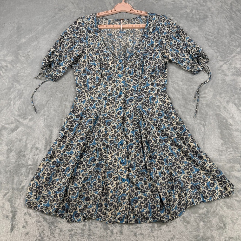Free People Dress Women M Blue Floral Flower Power Mini Fit & Flare Boho Lace Up - Picture 2 of 11
